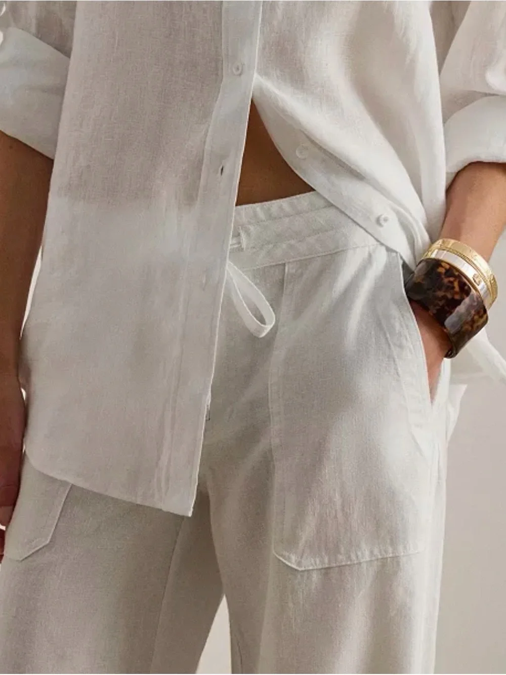 Ralph Lauren White 100% Linen Pants with Elastic Drawstring Waist - Picture 7 of 11